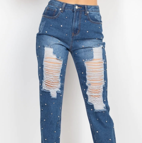Denim Blvd Boyfriend Distressed Jeans Denim - Denim Boulevard Boyfriend Ripped Distressed Rhinestone Jeans